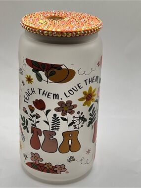 Floral 'Teach Them, Love Them' Glass Jar with Rhinestone Lid